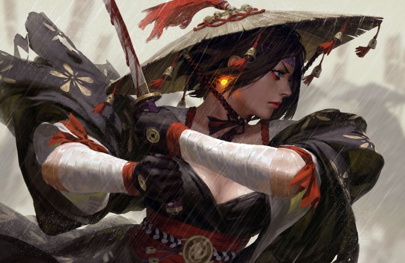 sword, weapon, mouth, warrior, kimono, painting, artwork, short hair, brunette, digital art, katana, Samurai, fantasy, 1080P, face, fantasy art, hat, lips