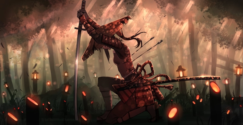 digital art, anime girls, forest, artwork, samurai, 1080P, trees, arrows, katana