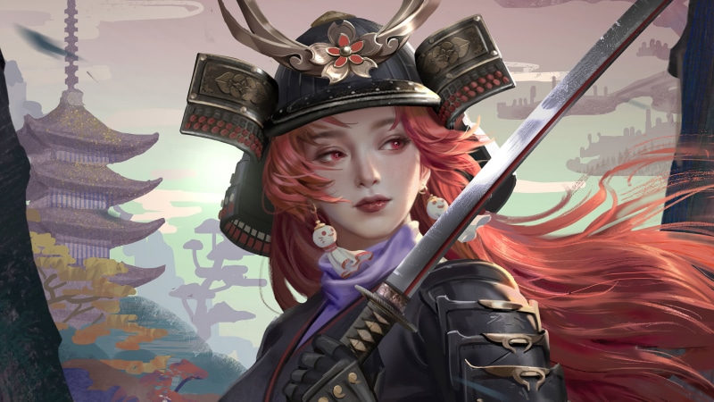 digital art, pagoda, sword, warrior, 4K, fantasy art, helmet, armor, fantasy girl, redhead, women, artwork, katana, red eyes, samurai