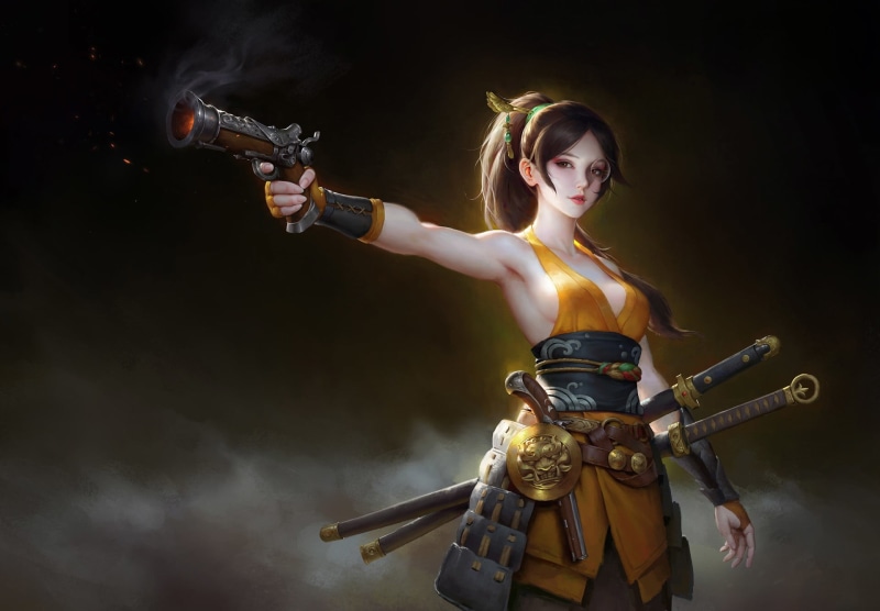 samurai, one person, swords, kimono, hairstyle, holding, aggression, weapons, young adult, indoors, background, black background, digital art, gun, weapon