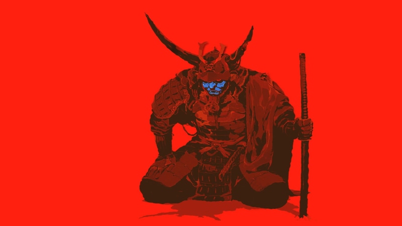 antler, 1080P, simple background, sword, celebration, onimusha, red background, mask - disguise, disguise, artwork, colored background, costume, obscured face