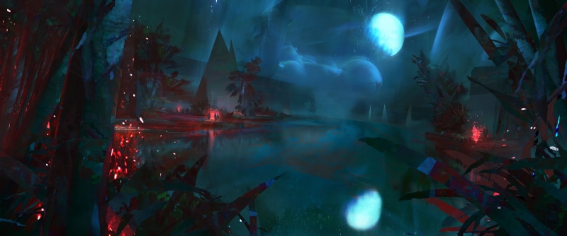  ultrawide, light - natural phenomenon, mountain, indoors, Video Game Art, fish, digital, multi colored, water, lake, motion, gray, transparent