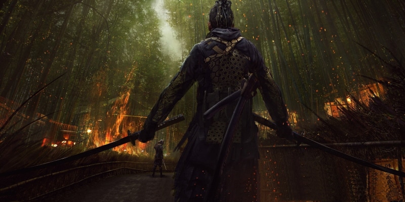 fire, tree, concept art, creativity, land, katana, built structure, statue, nature, Japan, human representation, bamboo, artwork, architecture, 720P, sword