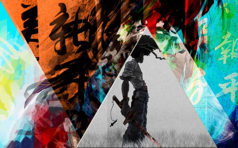 mixed martial arts, indoors, Afro Samurai, Chinese, abstract, colorful, sword, full length, anime, contemplation, wall - building feature, real people