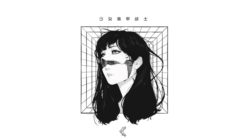 simple background, monochrome, women, fantasy girl, cyberpunk, futuristic, face, cyborg, Park JunKyu, 2K, artwork, white background, science fiction, black hair