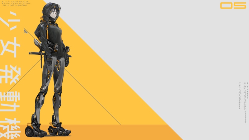 looking away, yellow, concept art, artwork, roller skates, numbers, horns, science fiction, women with glasses, jacket, rollerskates, gray background, gray