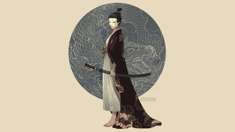 digital art, Japanese clothes, kimono, original characters, simple background, fantasy girl, dragon, illustration, artwork, samurai, weapon, beige background