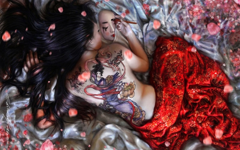 fantasy art, back, tattoo, 1080P, fantasy girl, artwork, face, women
