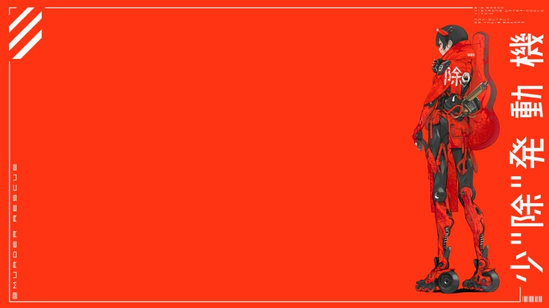 drawing, simple background, guitar, anime girls, concept art, minimalism, artwork, original characters, 5K, jacket, roller skates, hoods, cyberpunk, red background