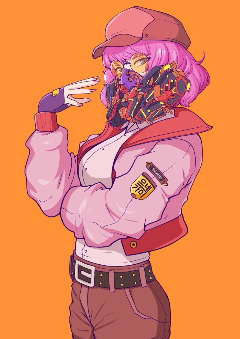 mask, portrait display, looking at viewer, 2D, anime girls, illustration, cyborg, women, cyberpunk, science fiction, pink hair, women with glasses, drawing