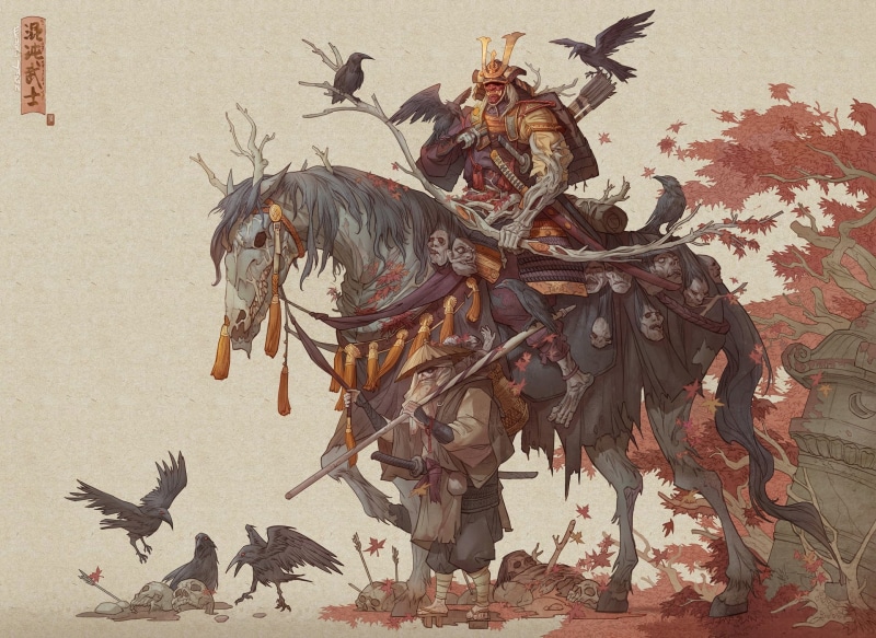 japanese art, artwork, crows, skeleton, fanatsy art, samurai, squire, Hua Lu, katana, horse, fantasy, death, skulls, spear, armor, men, warrior, 1080P