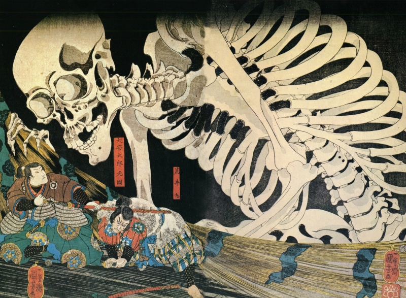 sculpture, skeleton, representation, religion, skull, men, architecture, built structure, craft, creativity, art and craft, artwork, no people, two, samurai