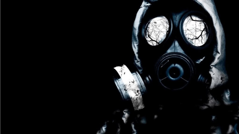 security, wearing, 1080P, person, mask, social issues, studio shot, sign, digital, gas mask, body part, black background, fear, human body part, radioactive