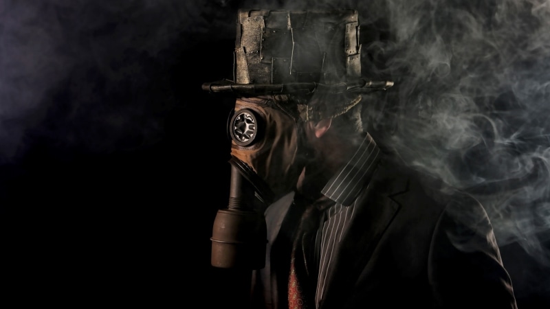 studio shot, horror, black background, pollution, mask, suits, smoke, people, gas, mystery, gas masks, halloween, obscured face, disguise, mask - disguise