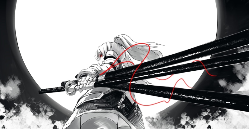 night, selective coloring, selective, 1080P, samurai, moon, coloring, anime, anime girl, girl, katana, sword
