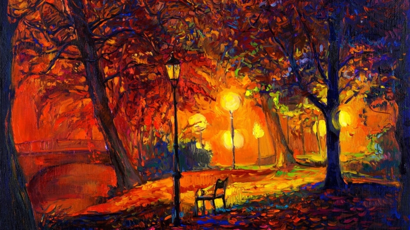 autumn collection, 1080P, lamp, fall, tree trunk, trunk, painting, digital art, autumn, change, tree, tranquility, scenics - nature, modern impressionism