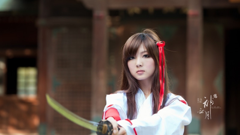 1080P, Asian architecture, fantasy girl, model, kimono, Japanese clothes, brunette, sword, Japanese, Chinese, long hair, miko, katana, women outdoors