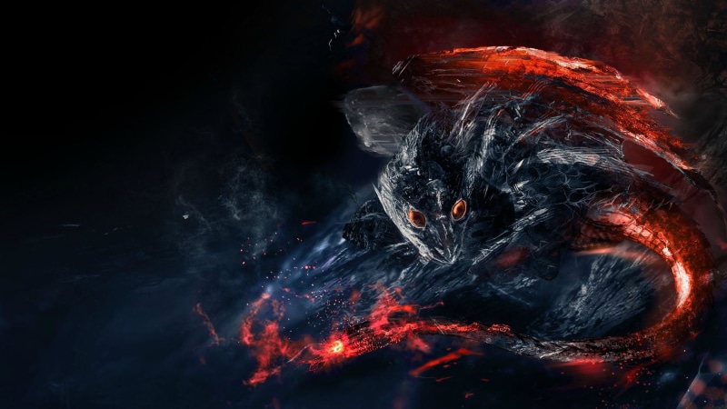 digital, close-up, fantasy art, black color, red, black background, 1080P, water, power in nature, motion, artwork, black, nature, lava, dragon