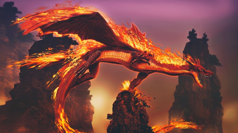 outdoors, fire, glowing, sunset, rock formation, no people, rock, focus on foreground, beauty in nature, artwork, sky, red, night, illuminated, solid, fantasy art