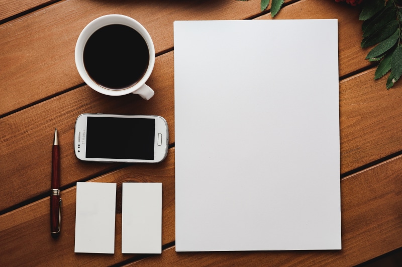 mug, wireless technology, table, directly above, note Pad, writing, empty, sheet of paper, indoors, office, coffee - Drink, no People, pen, technology
