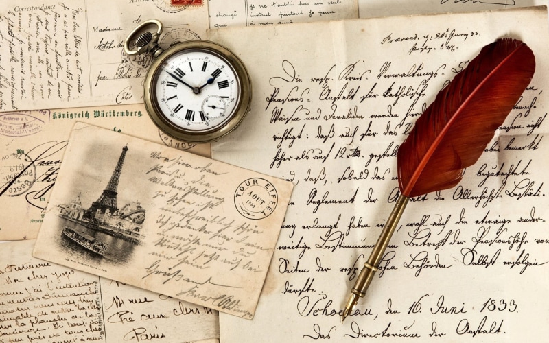 clock, textbook, indoors, paper, mail, 720P, ink Well, text, ink, old paper, gold, architecture, nostalgia, scroll, still life, pocket watch, vintage