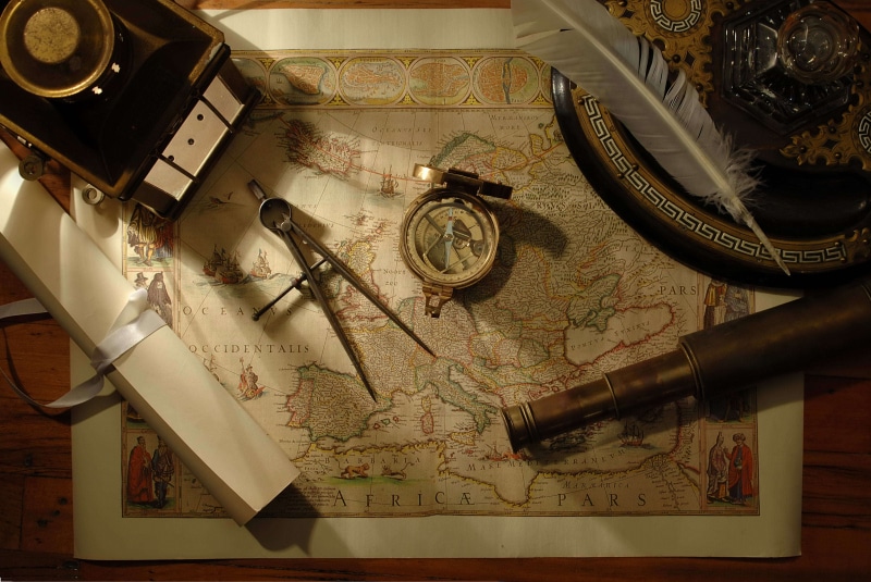 man made, obsolete, tools, choice, handheld, large group of objects, map, close-up, old, ancient, equipment, calligraphy, indoors, scroll, hand-Held Telescope