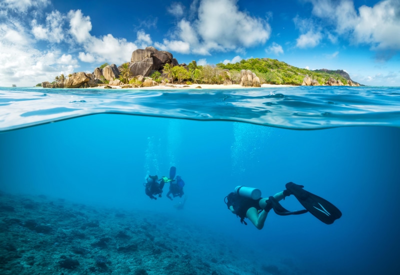 aquatic sport, scenics - nature, rock, adventure, outdoors, leisure activity, cloud - sky, scuba, scuba diving, island, swimming, black, undersea, solid
