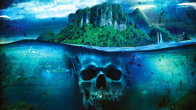 cave, boat, blue, Far Cry 3, video games, built structure, fear, 1080P, mountain, bone, land, art, ship, human skeleton, green, landscape, rock, sea, island