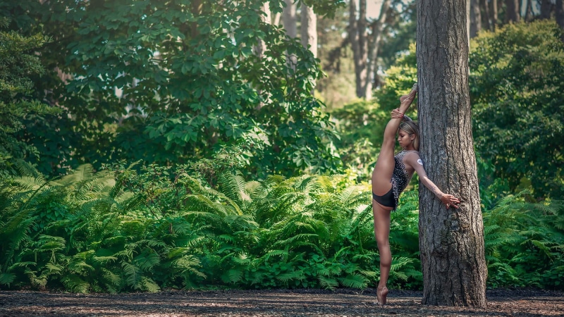 women outdoors, Dimitry Roulland, tree, full length, nature, ballerina, splits, black, outdoors, top, growth, front view, flexible, land, day, plant, leisure activity