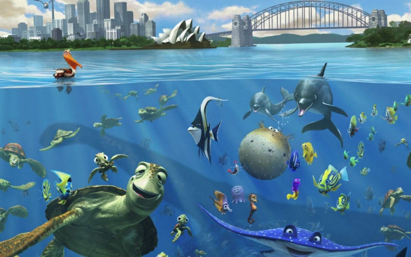 animal themes, split view, animal, outdoors, vertebrate, architecture, table, transportation, swimming, day, built structure, decor, nature, animated movies