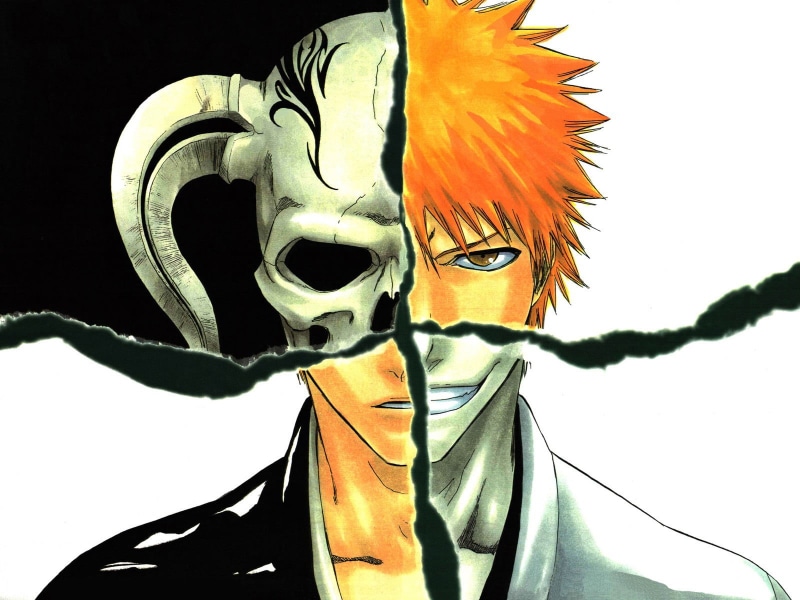 manga, disguise, kurosaki, orange color, portrait, skull, Hollow, creativity, looking at camera, splitting, white background, front view, close-up, indoors