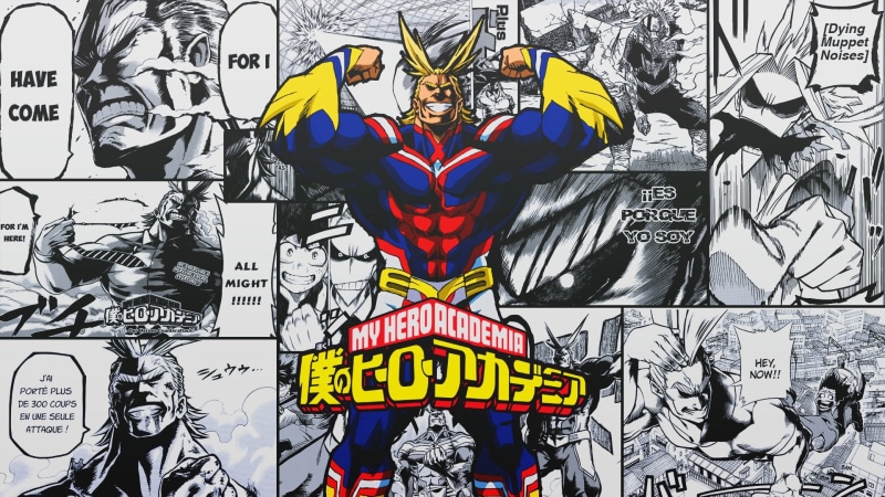 My Hero Academia, art and craft, hero, yellow, Anime, poster, male likeness, text, craft, 1080P, representation, wall - building feature, comic, multi colored