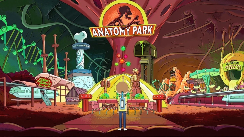 Rick and Morty, male likeness, theme parks, Morty Smith, seat, illuminated, morty, park, communication, still, amusement park, no people, architecture