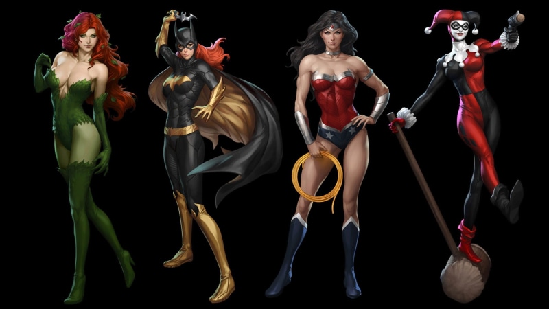 Wonder Woman, indoors, anatomy, DC Comics, representation, people, art and craft, Batgirl, costume, group of people, black background, 1080P, ballet, human representation