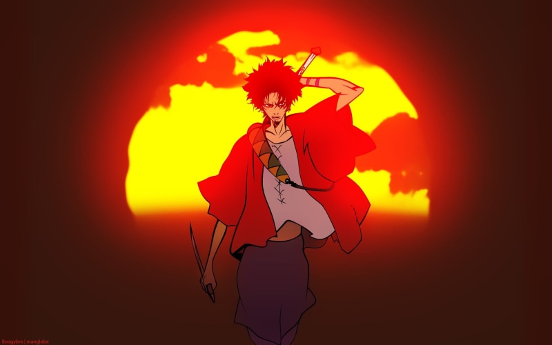 adult, silhouette, one person, colored background, standing, Samurai Champloo, Mugen, portrait, musician, studio shot, digital, samurai, indoors, clothing