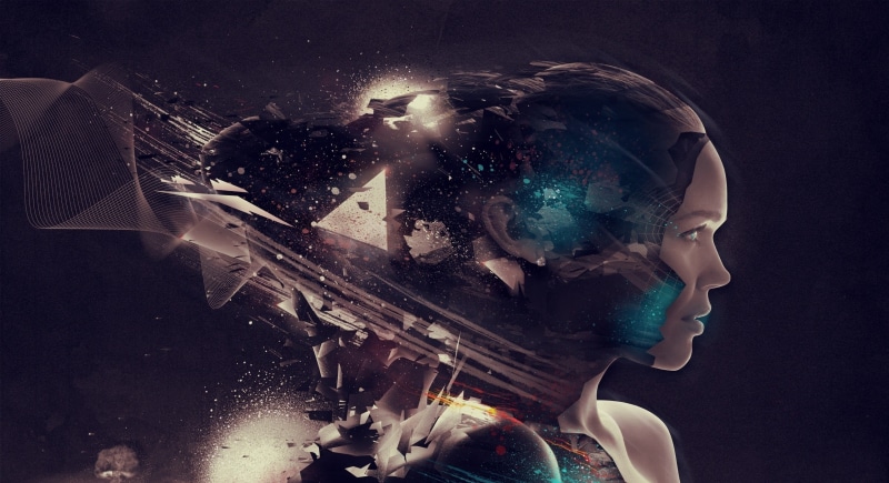 creativity, representation, digital composite, artwork, black background, portrait, illustration, water, indoors, close-up, 1080P, body part, robotic