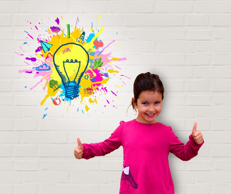 small, person, watching, gear, gesturing, success, looking, smiling, arms raised, child, expression, pink, solution, artistic, glad, one, red, innocence