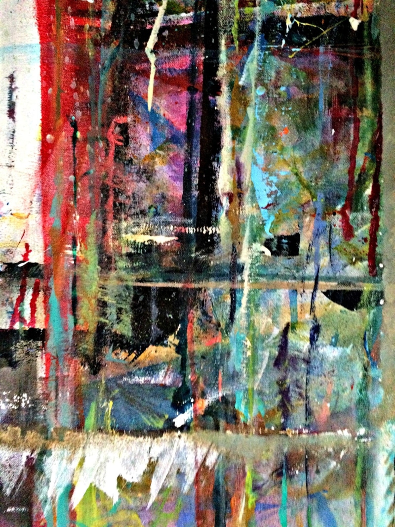 painting, blue, lobby art, textured, scribble, outdoors, weathered, creativity, house, orange, exhibit, colorful, stripe, loose, wall - building feature