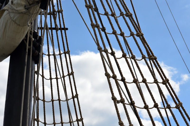 Sailboat, directly below, Sea, sunlight, blue, strings, outdoors, marin, connection, old rig, Ropes, nature, cloud - sky, industry, wood - material, wire