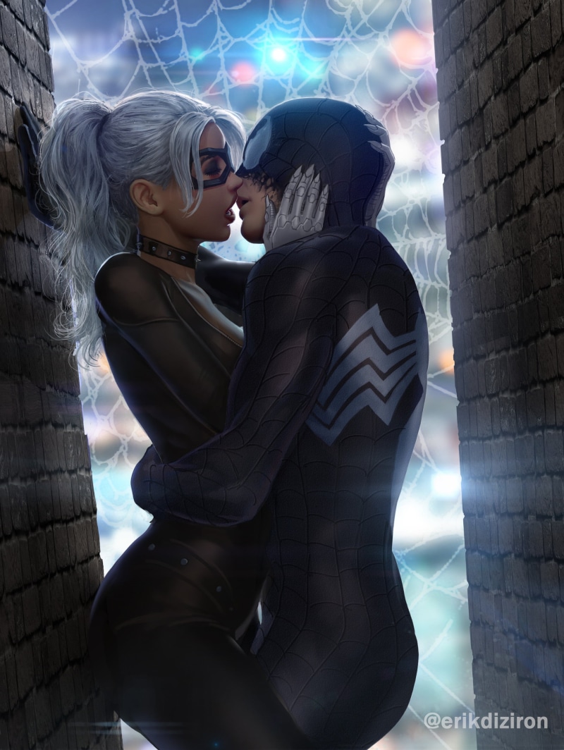 digital art, mask, Venom, wall, 1080P, men, superhero, women, Marvel Comics, Spider-Man, vertical, Erik Diziron, Black Cat (character), artwork, spider