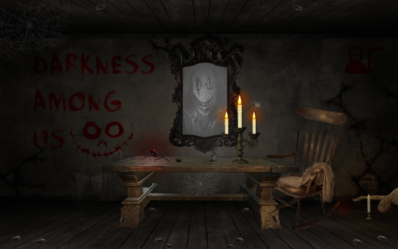 chair, horror, video games, candles, blood, Dead by Daylight, web design, spider, 720P, creepy, table, mirror, room, dark