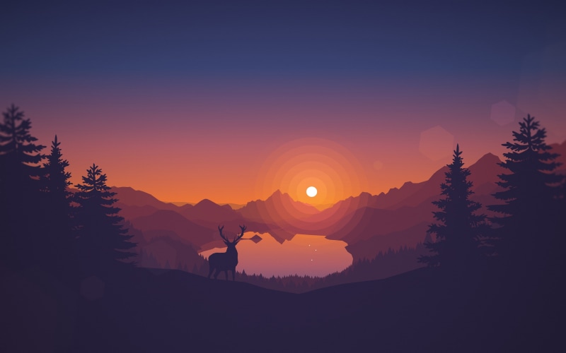 2K, flat landscape, sunset, lake, deer, Others