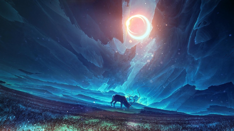 backgrounds, galaxy, sunrise - Dawn, tranquility, beauty In Nature, sun, adventure, digital art, deer, scenics - nature, adult, rock - Object, sunlight