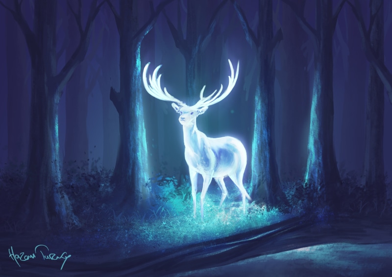 neon, fantasy art, deer, forest, blue, 4K, digital art