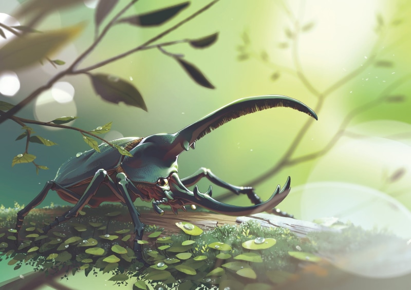hercules, animals in the wild, perching, green color, no people, leaves, selective focus, animal themes, science, illustration, stag, digital, summer, surrounded