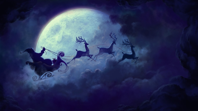 xmas, moon, crhistmas night, moose, santa claus, 5K, night sky, moonlight, merry crhistmas, night, sleigh, christmas, full moon, carriage, sledge, stag