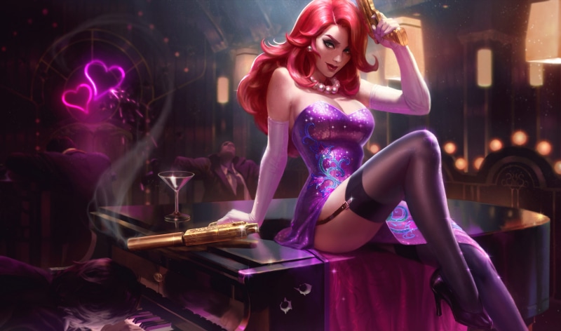 Secret, Beauty, Agent, Artwork, Dress, League Of Legends, Gun, Piano, Secret Agent, Redhead, Art, Miss Fortune, Splash, LoL, Stockings, 4K