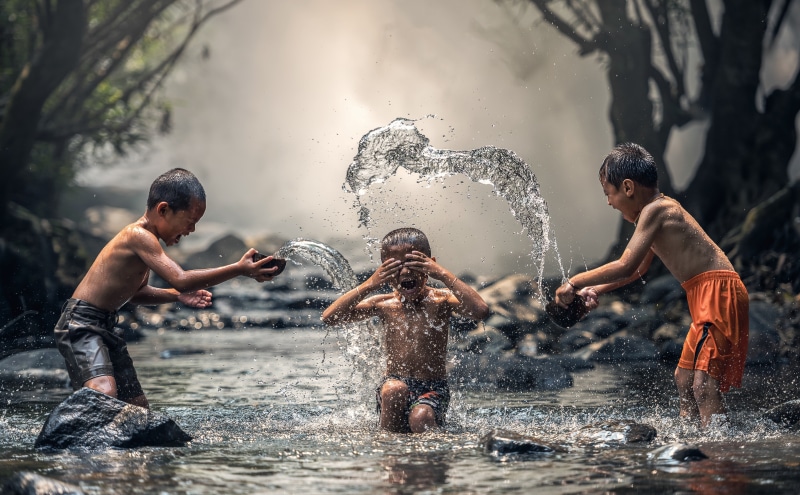 spraying, Bath, Friends, havingfun, Travel, group of people, Summer, Friendship, Creek, Asia, real people, Water, Rainforest, Children, wet, Young, s, kids