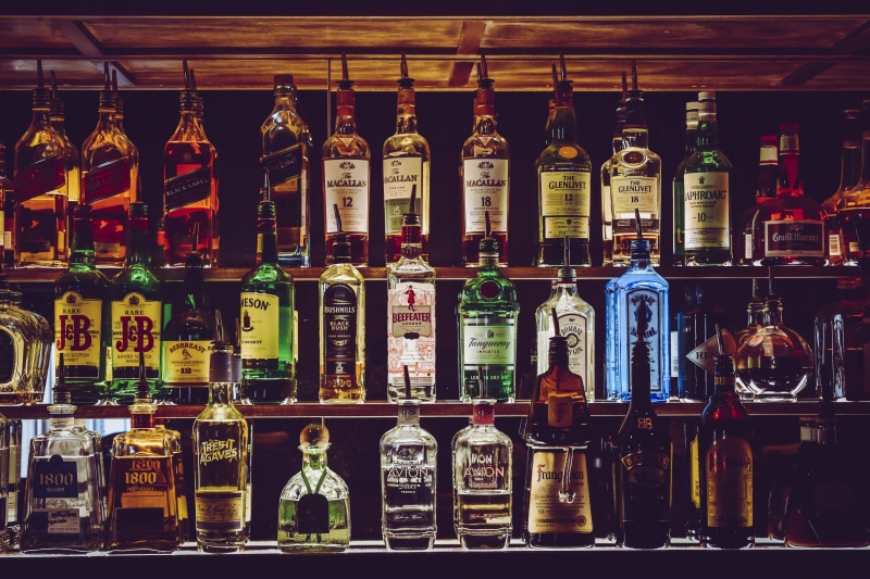 stock, liquid, beer, bar, vodka, glass, sale, bottle, glass - material, shelf, pub, refreshment, beverage, no people, whisky, retail, 5K, container, food and drink
