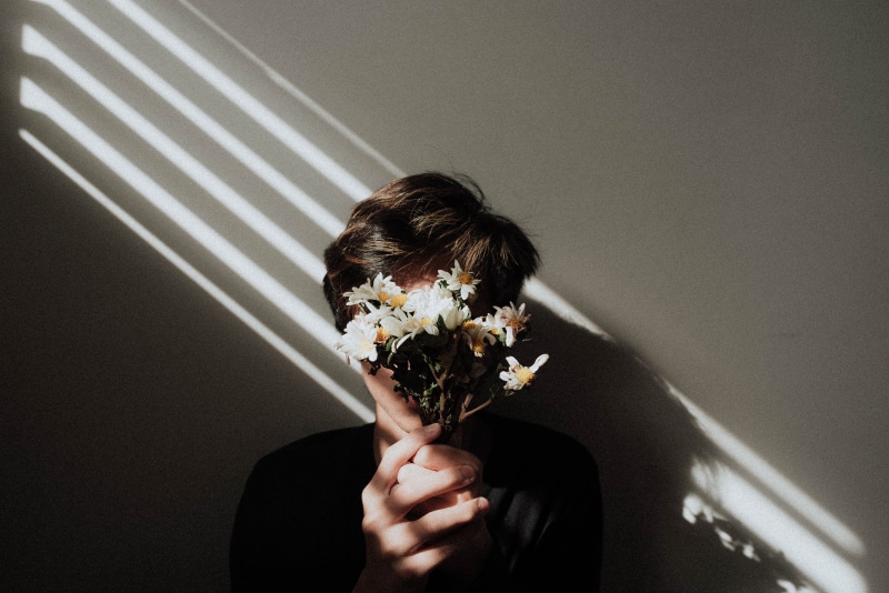 man, bloom, flowers, retro, freshness, vulnerability, young adult, bunch, daisy, fragility, bouquet, plant, aesthetic, one person, adult, floral, vintage